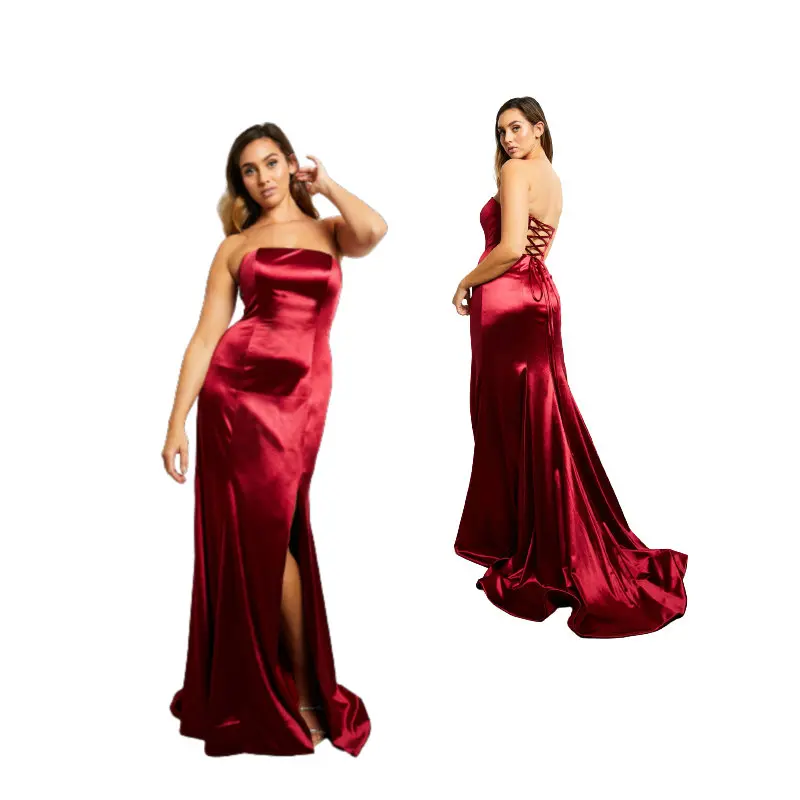 

Staples stretch satin gown in ruby red stunning red carpet glamour gown. SH-073