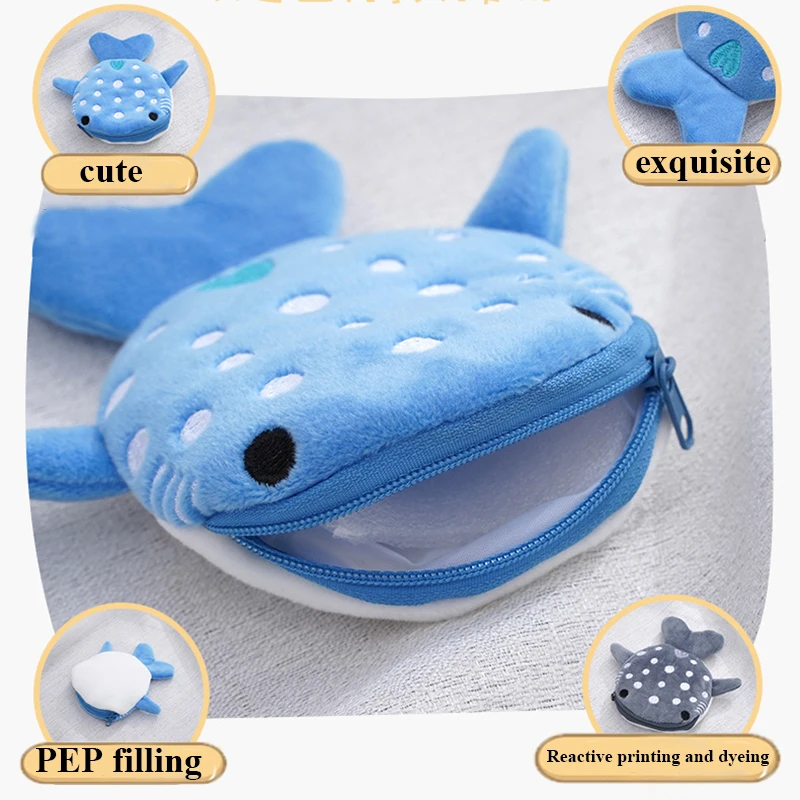 

Blue Small Whales Coin Purse Plush Zipper Coin Wallet Shark Shape Designer Women's Wallet Change Purse Key Earphone Pouch Cute