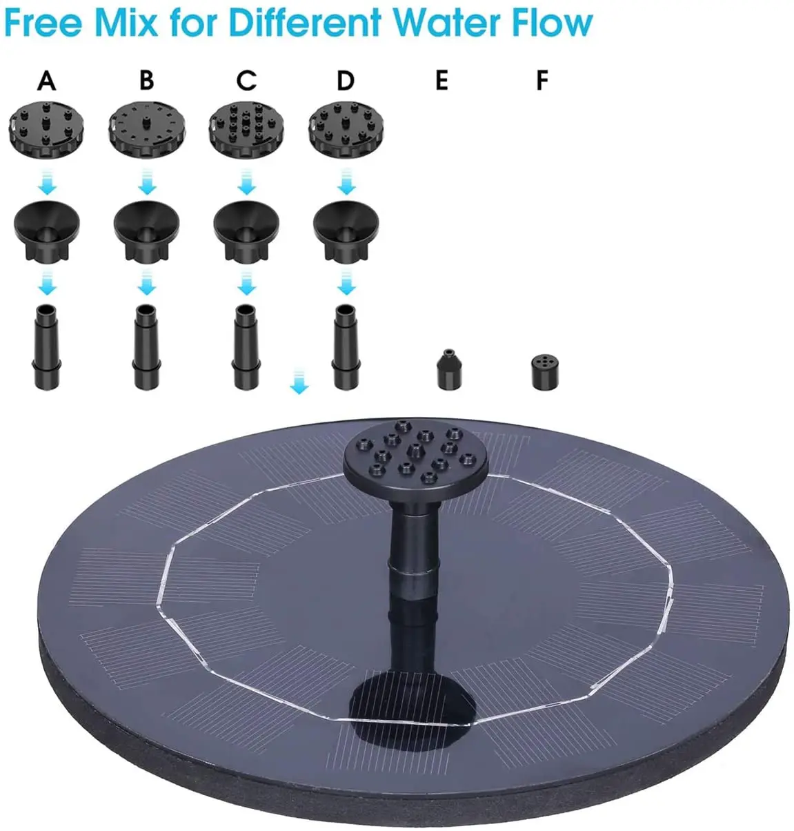 2.5W Solar Fountain Pump with 6 Nozzles for Bird Bath Fish tank Pond