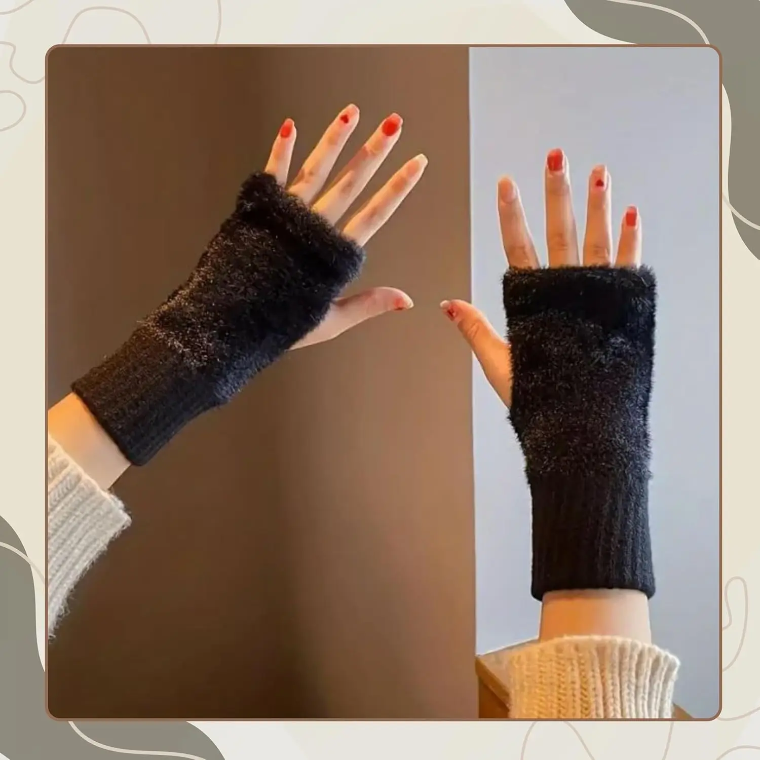 1pair Winter Warm Fingerless Gloves for Women, Thumb Hole, Stretchable Soft Plush with Knitted Cuff, Soft Skin Friendly Mitten