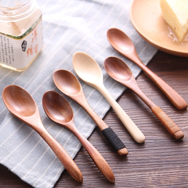 Japanese Style Wooden Spoon Set Kitchen Gadgets Long Handle Solid Wooden Spoon Kitchen Accessories Dessert Honey Tableware