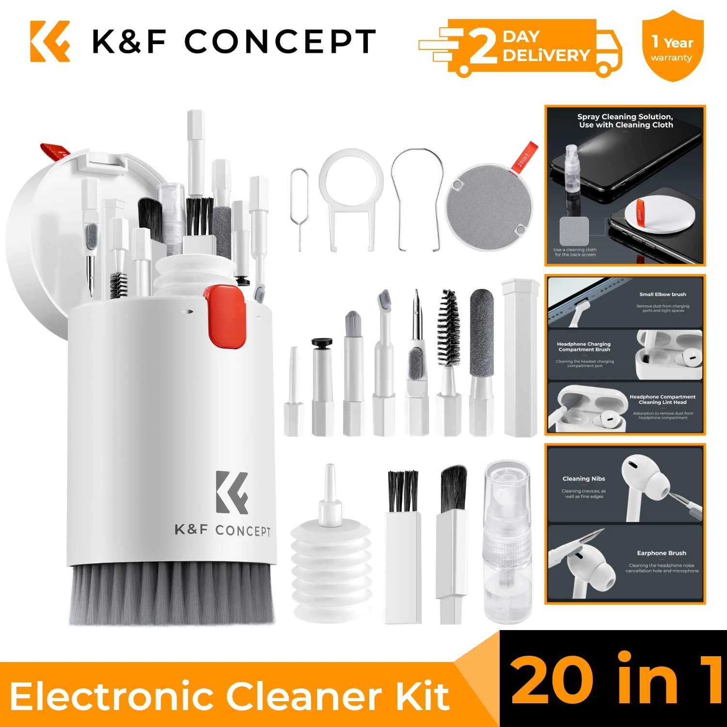 K&F CONCEPT Kit di Pulizia per Tastiera e Fotocamera 20 in 1 con Penna per Pulizia Auricolari, Spugna in Feltro, Soffiatore d'Aria, Spazzole per Schermo e Lenti del Telefono