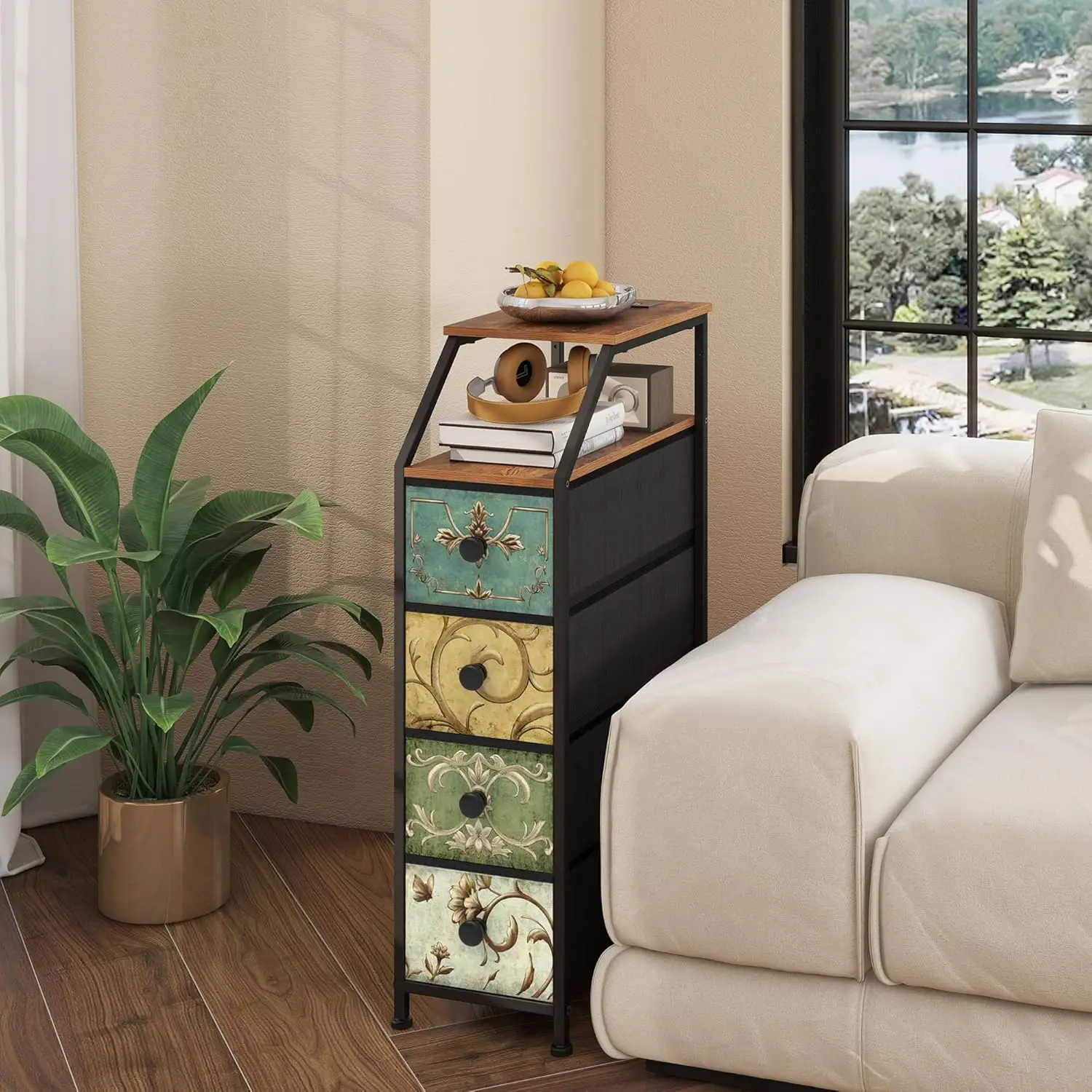 Narrow Dresser. Slim Chest of Drawers. Charging Station. Nightstand. Bedroom, Bathroom. Retro Flower, 4 Drawers.