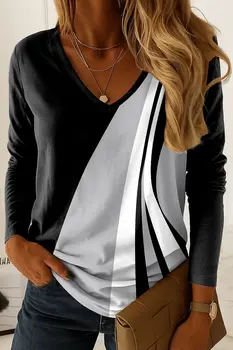 T-shirt da donna Grafica classica geometrica T-shirt moda elegante T-shirt a maniche lunghe con scollo a V Top regolari Pullover Autunno Inverno 1