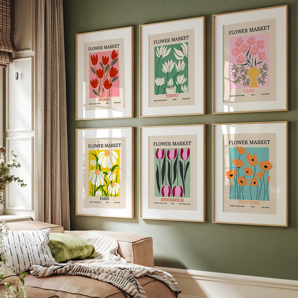 

Abstract Flower Market City Poster Aesthetic Art Print Retro Floral Canvas Painting Nordic Plant Wall Picture Living Room Decor