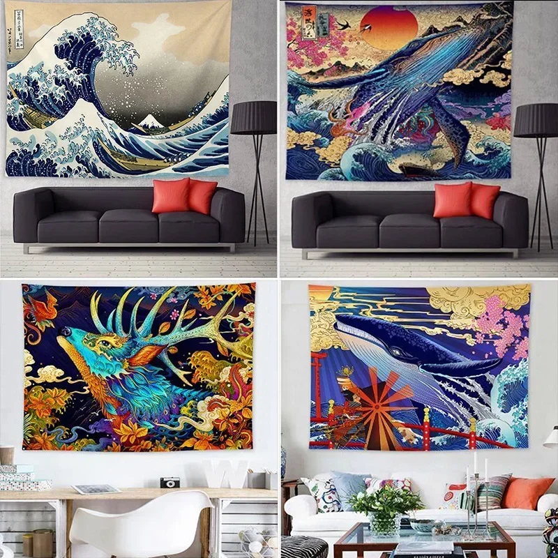 Great Wave of Kanagawa Tapestry Wall Hanging Whale Wall Carpet Tapestries Cloth Mandala Boho Bedspread