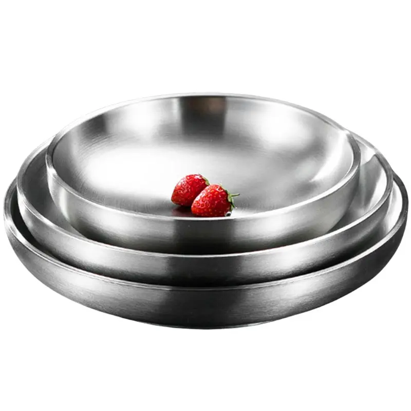 304 Stainless Steel Double Layer Dishes Tray Anti-Scalding Steak Plate Tableware Pan Fruit Dishes Household