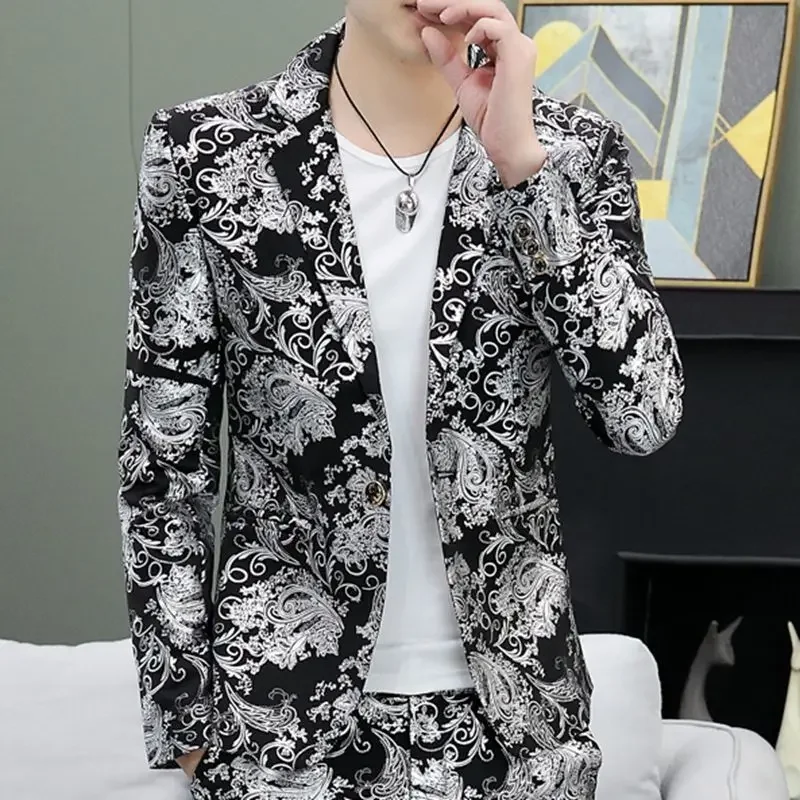 Trajes y blazers para hombre con estampado de sello blanco, chaqueta de un solo pecho para hombre, abrigos, ropa clásica de verano y primavera, ropa masculina