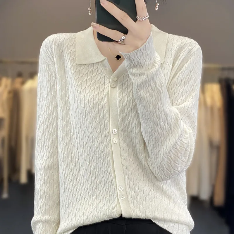

Temperament simple twist knit cardigan women polo wool autumn outside to wear all loose small top