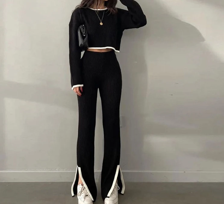 Contrasting Colors Long Sleeves Casual Loose Home High Waist Elegant Split Pants Set for Women 2023 Autumn Fashion Commuting