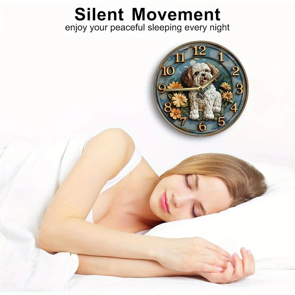 Wooden wall clock with cute Shih Tzu and flower design, perfect for home decor. Runs on AA batteries 5