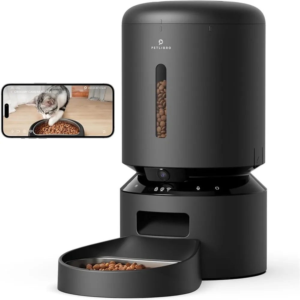 

Automatic cat and dog feeder with camera, with low food and blockage sensors, motion and sound alarms for cats and dogs