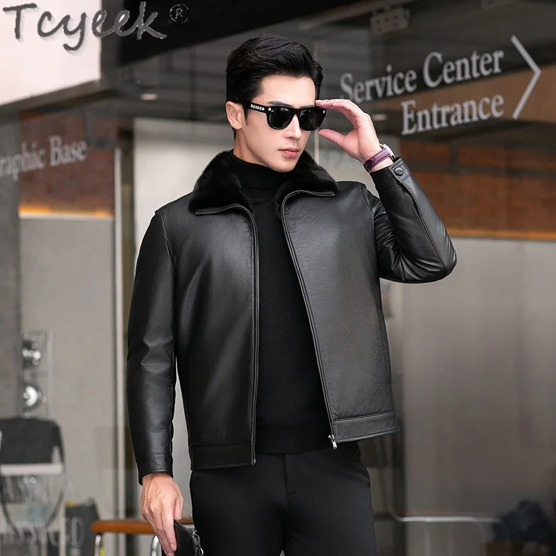 

Tcyeek Real Top Layer Cowhide Coat Men Clothes Winter Jacket Genuine Leather Man Jackets Warm Mink Fur Collar Fashion Wool Coats