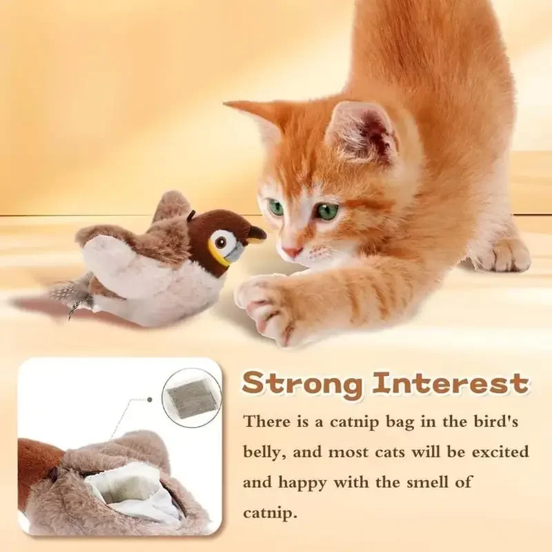 Cute Cat Hunter Interactive Shaking Sparrow Toy Rechargeable Portable Touch Activated Bird Voice Curious Teasing Stick Pet Gifts