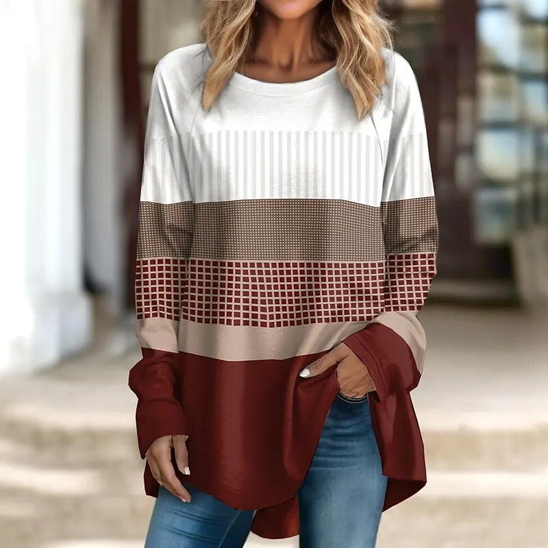 

T Shirt For Women Fashion Patchwork Printed Woman Clothing Autumn Long Sleeved Oversized Top Casual Daily Loose Fitting Pullover