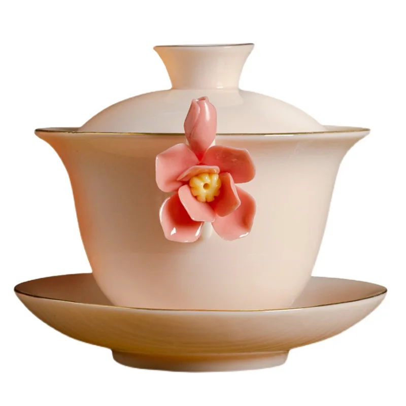 Flower Language Covered Bowl Hand Pinched Flower Bubble Tea Bowl for Girls Girlfriend Gift Ladies Chinese Kung Fu Tea Set
