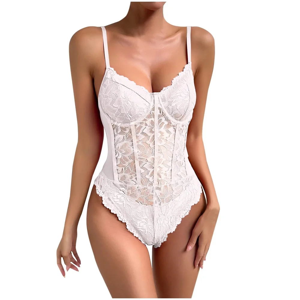 Lace Sexy Female Bodysuit, Summer Corset Top, Slim Female Overalls, See Through, No Backrest, Spaghetti Strap, Female Shirts