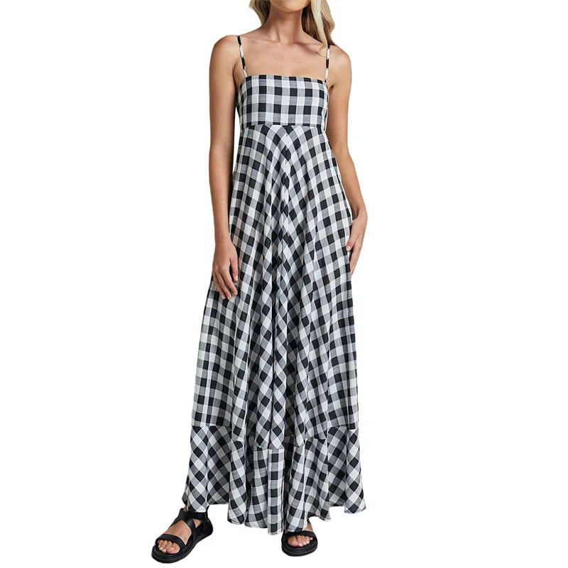 Summer Long Dresses Women Plaid Print Spaghetti Strap Sleeveless A Line Dresss Vacation Party Dresses Beachwear