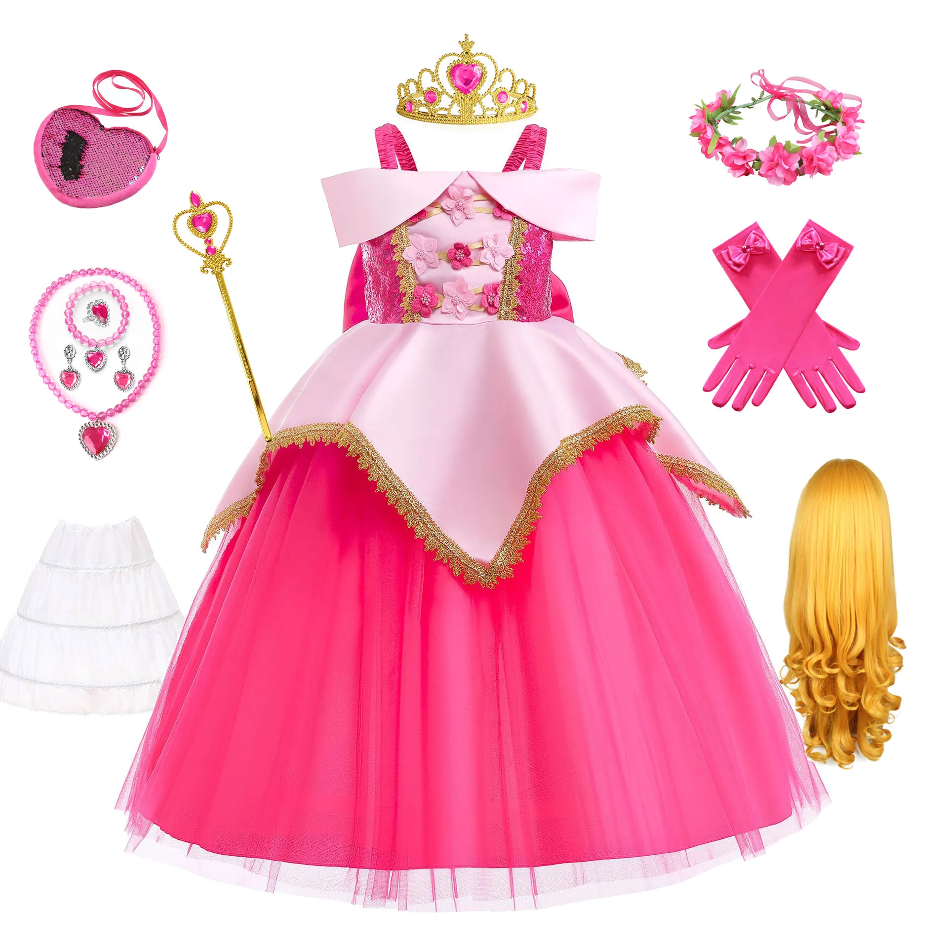 Ragazze Aurora Dress Halloween Cosplay Beauty Princess Pink Dresses Halloween Christmas Costume Party Birthday Dress Rosy