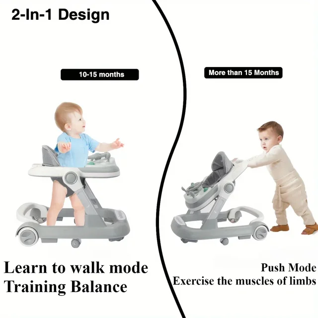 2-in-1 Baby Walker Foldable Activity Walker with Swivel Wheel Removable Music Tray Foldable Baby Push Walker Height Adjustable 4