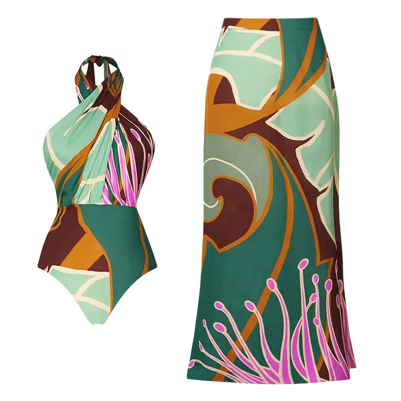 2024 Women's swimsuit  Halter Printed One Piece Swimsuit and Skirt Summer Swimwear Women Beachwear  Clearance Wholesale