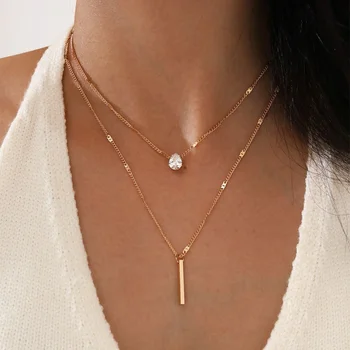 2Pcs/Set Fashion Multi-Layer Water Drop Zircon Bar Pendant Collarbone Choker Simple Metal Long Necklace For Birthday Party Gift
