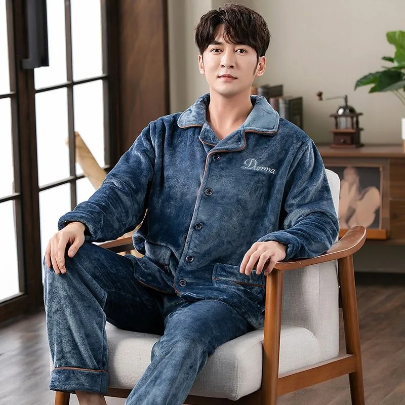 2024 New Men Coral Velvet Pajamas Winter Thicken Velvet Padded Large Size Male Homewear Suit Flannel Thermal Sleepwear Sets