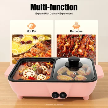 2-in-1 Electric Hot Pot with Griddle Tabletop Non-stick Pan Vegetable Grill Cooker BBQ Shabu Pot Household Noodles Cooking Pot 1