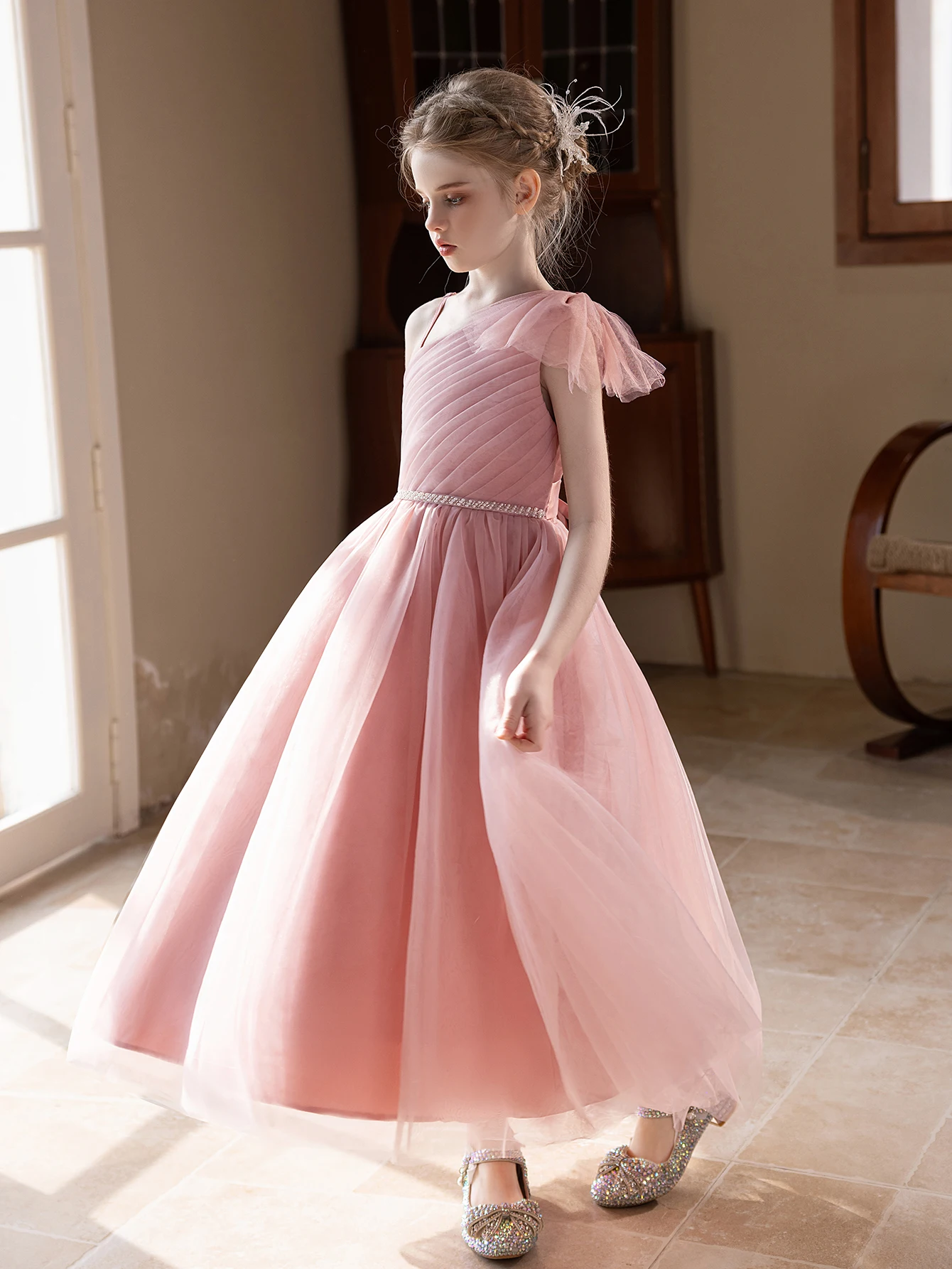 Girl's Elegant Pink One-Shoulder Puff Dress