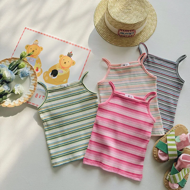 여아용 캐미솔 셔츠, 민소매 상의, 자수 탄성 포스, 캐주얼 스트라이프, 심플 2024, 스위트 러블리, 여름 조끼