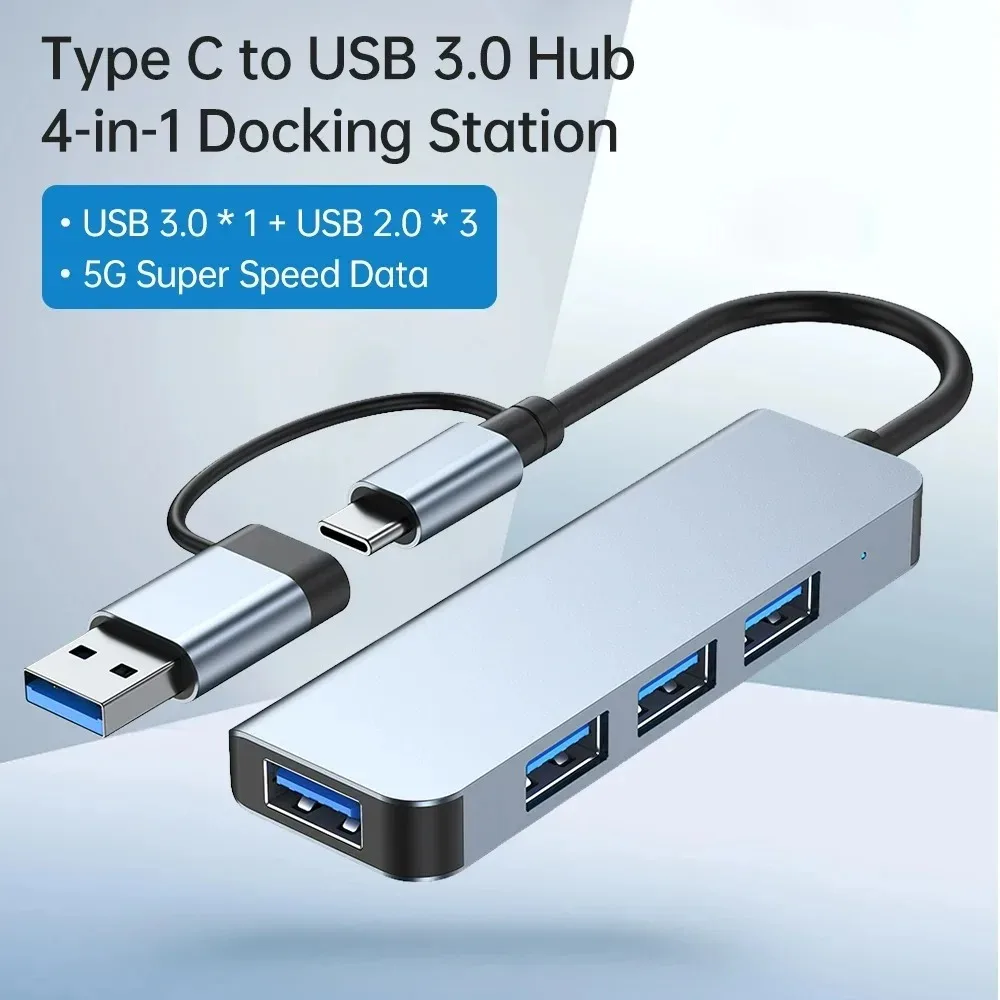 4-in-1 Docking Station Type C to USB Hub USB3.0 5gbps USB2.0 Compatible with MacBook Pro/Air Surface Pro PS4 XPS PC Flash Drive