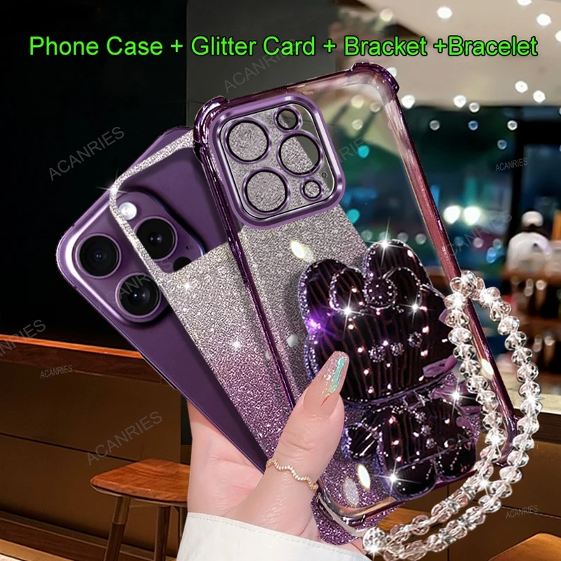 Mirror Rabbit Stand Clear Silicone Soft Case with Plating & Bead Chain - Anti-Fall Four Corners Protection