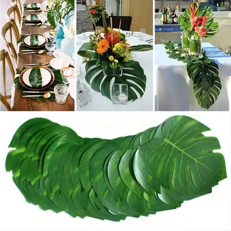 10/50pcs Hawaiian jungle beach theme faux palm leaf turtle back leaves, tropical decor and summer celebration beach party decor