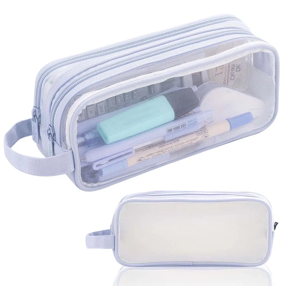 Large Grid Mesh Pencil Case 2 Compartment Pen Bag Clear Handheld Multifunction Pencil Pouch Transparent MakeupBag for Teen Adult