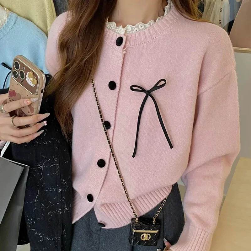 New Autumn and Winter Slim-fit Women's Cardigan Long Sleeve O Neck Lace Sweater Fashion Bow Single-breasted Solid Color Knitwear
