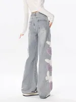 Large Size 2XL-6XL Women Loose High Waist Autumn Winter Fashion Korean Jeans Heart Shape Embroidery Blue Straight Wide-leg Pants - Image 4