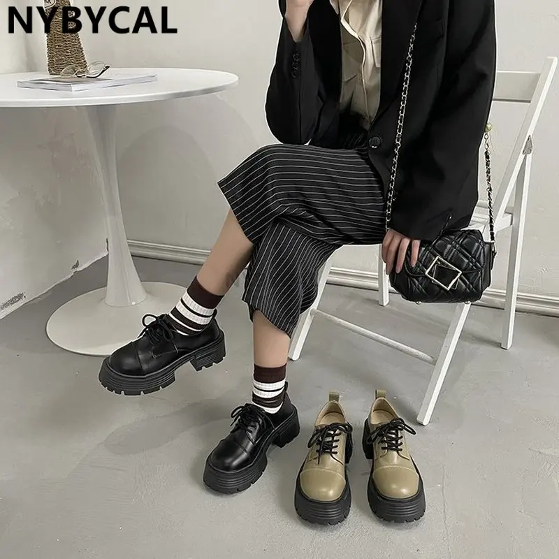 2023 New Women Loafers Female Fashion Platform Pu Block Heels Lolita Shoes Ladies Cute Lace Up Shallow Autumn Sudents Footwear