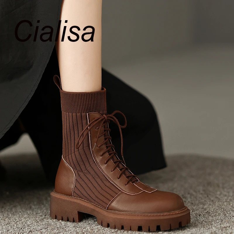 

Cialisa Fashion Lady Sock Boots New 2022 Autumn Winter Round Toe Patchwork Mid Heels Handmade Elastic Women Short Boots 40 Brown