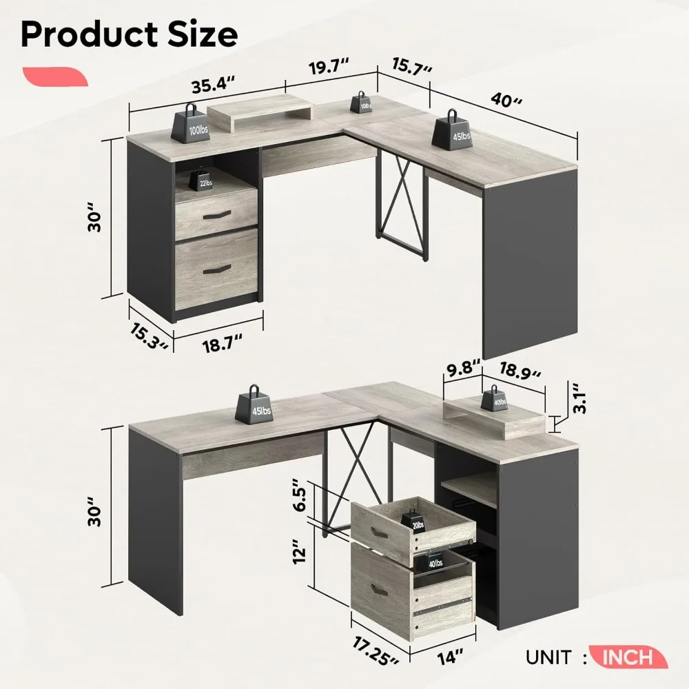 L Shaped Desk with Drawers, 55 inch Office L Desk with Reversible File Drawer, Industrial Wood Computer Desk 2