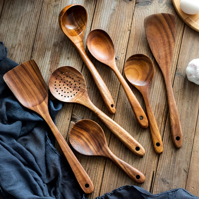 

8Pcs Thailand Teak Cooking Spoon Natural Wooden Kitchen Tableware Tool Ladle Turner Rice Colander Soup Skimmer Scoop Utensils