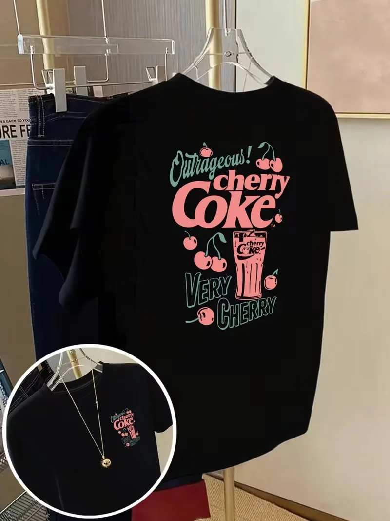 Lady's Tops, Cherry Coke Graphic T-Shirt, Front & Back Print Casual Crew Neck Short Sleeve Top, Spring Summer Daily Streetwear 2