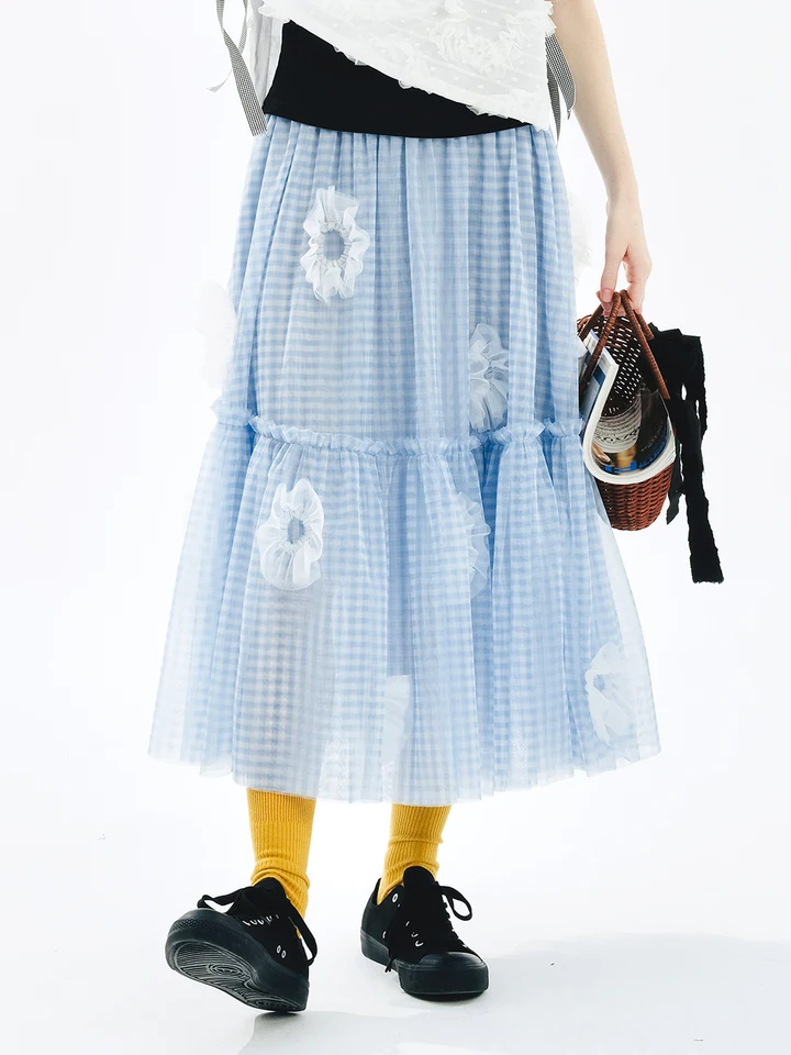 Imakokoniブルーチェックフラワーハーフスカート、サマーファンタジー