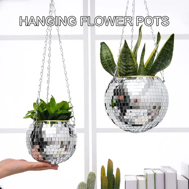 1PC Disco Ball Creative Round Flowerpot Hanging Basket Plastic Glass Mirror Plant Planting Pot Succulent Slivery | Plantgardener