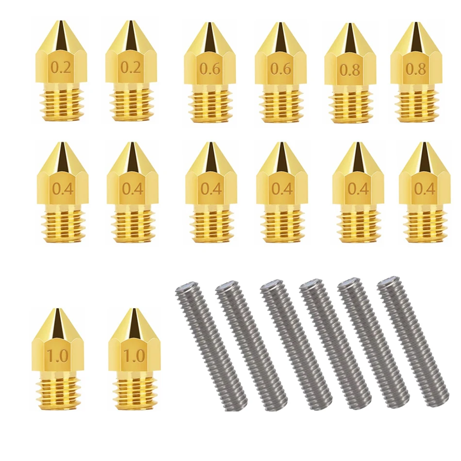14pcs Brass Extruder Nozzle Print Heads +6pcs M6 X 30mm Stainless Steel Nozzle Throat for Anet A8 Mk8 Reprap 3D Printers