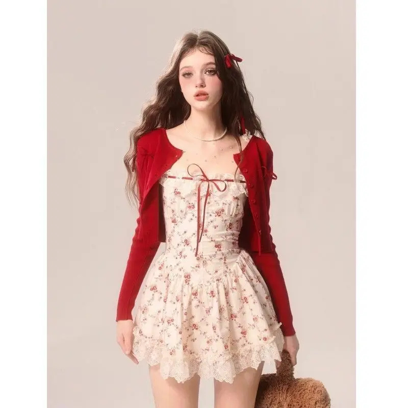 New Floral Dress Two Piece Set Women Red Knitted Cardigan +Cute Boho Mini Dress Female Print Casual Floral Dress Suit 2024