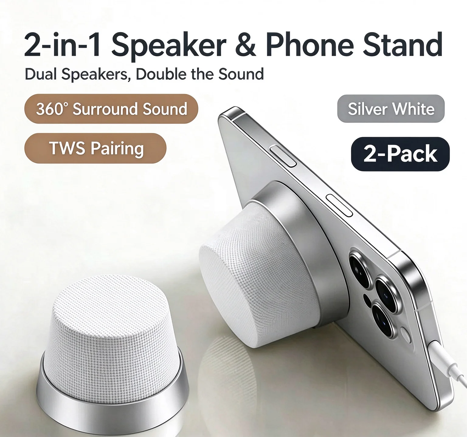 Compact Magnetic Bluetooth Speaker with Phone Stand, 360° Surround Sound, Waterproof, TWS Pairing, Portable