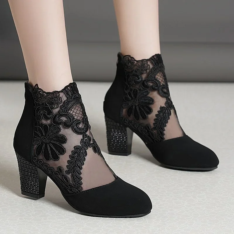 

Black Sheer Lace Sandals Boots Summer Women High Heels Fashion Flower Embroidery Mesh Patchwork Party Shoes Woman Zipper Sandals