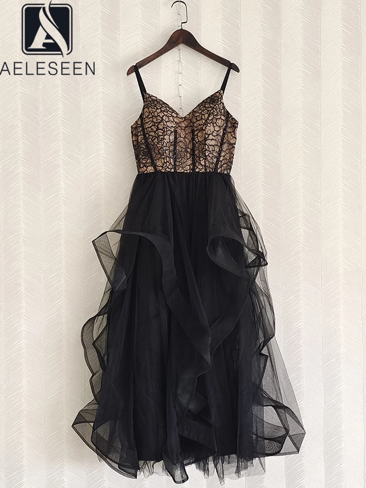 

AELESEEN Designer Fashion Women Layered Dress Black Spaghetti Strap Flower Embroidery Sequined Ruffles Elegant Party Camisole