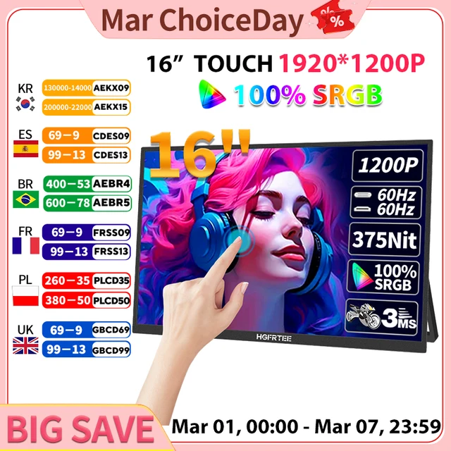 HGFRTEE 16inch Touch Portable Monitor 16:10 96%sRGB 350Cd/m² Second Screen For Laptop With Holder Stand Type-C HDMI-Compatible