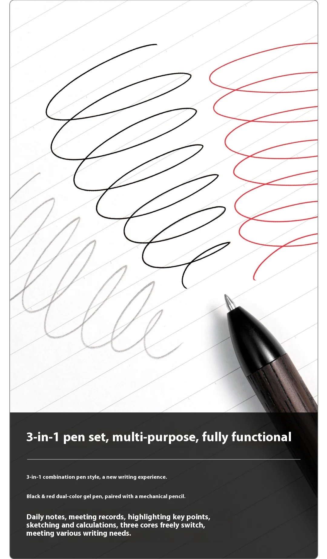 Kaco EASY 3-in-1-Holz-Multifunktions-Gelstift, 0,5 mm, Metall, Druckbleistift, Rückseite, Schwarz/Rot, zum Schreiben in der Schule, Büromaterial – Detail 6